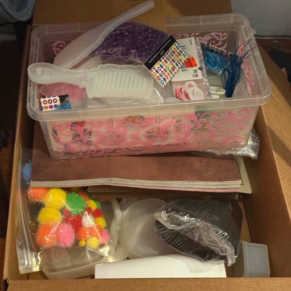 Craft Supplies Box with Pink Floral Container